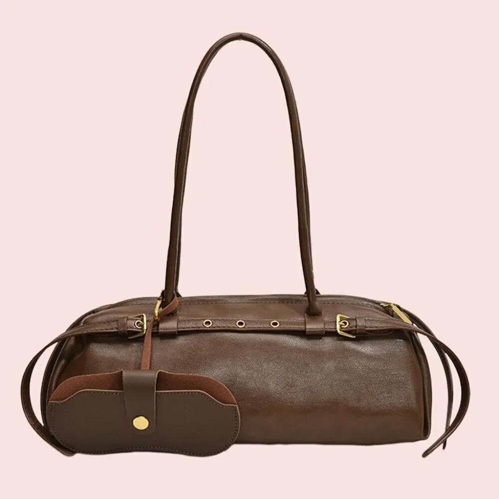 Wome'ns Brown PU Leather Tote Bag Casual Bowling Bag Purse Retro Underarm